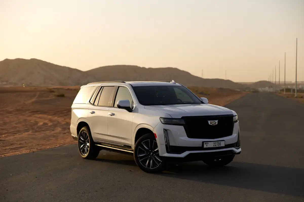 Rent Cadillac Escalade in Dubai - White color with 420 HP
